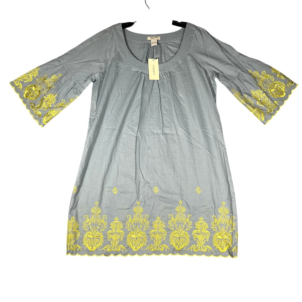 Vertigo Paris Slate Blue Cotton Embroidered Bell Sleeve Tunic Dress Large